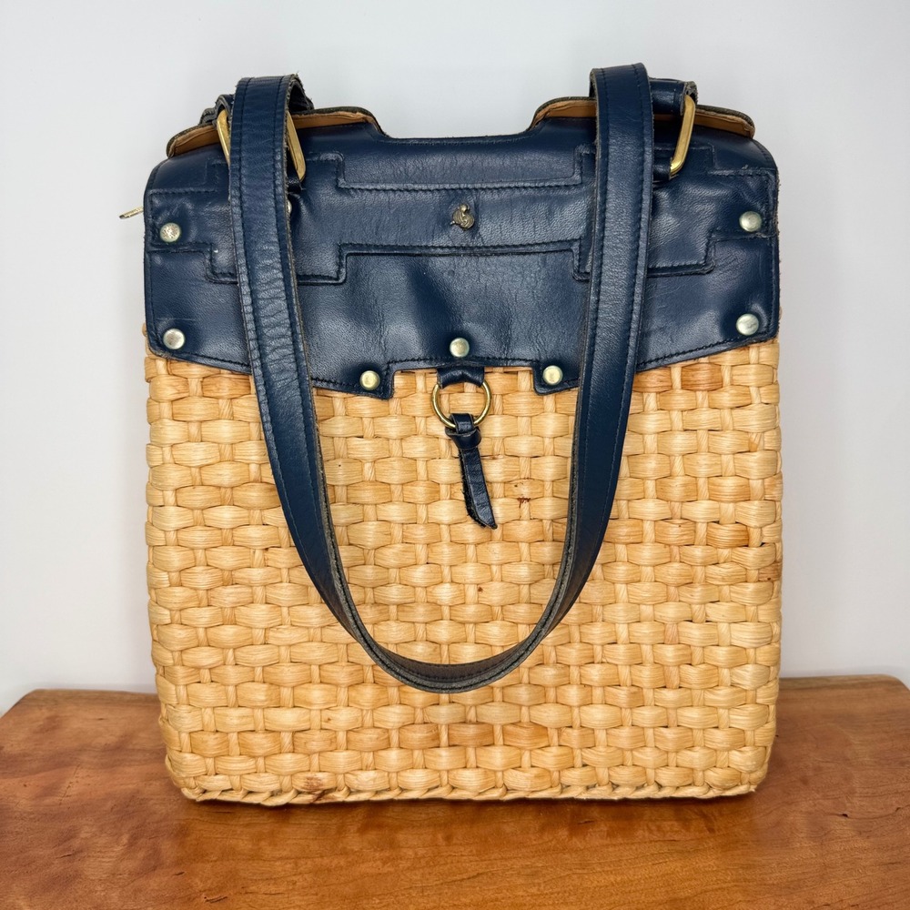 Rare Vintage Jean Fogel Resort Line Woven Wicker Basket & Navy Blue Leather Bag‎